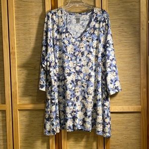 Blue, white, and beige abstract floral print tunic (mid-thigh length)